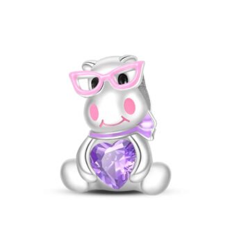 Nerdy Cute Hippo Pink Glasses Purple Heart Gem Charm