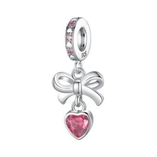 Silver Bow Pale Red Heart Gem Charm
