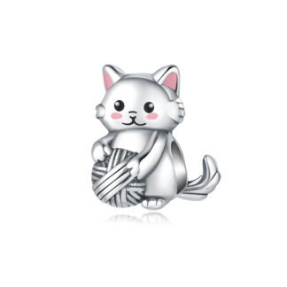 Silver Cat Playing with Yarn Charm