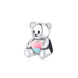 Silver teddy Bear Pink and Blue Heart Charm