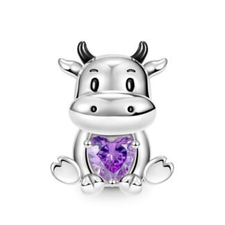 Sitting Silver Cow Purple Heart Gem Charm