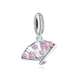 Silver Fan Pink Cherry Blossom Sakura Flower Charm