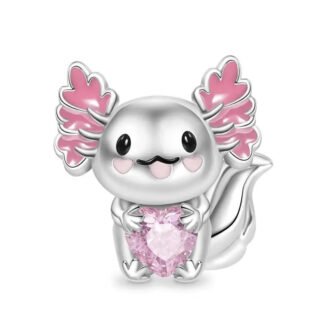 Silver Pink Axolotl Sitting Holding Pink Heart Gem Charm