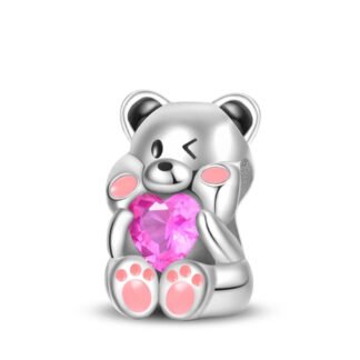 Silver Cheering Teddy Bear Pink Gem Heart Charm