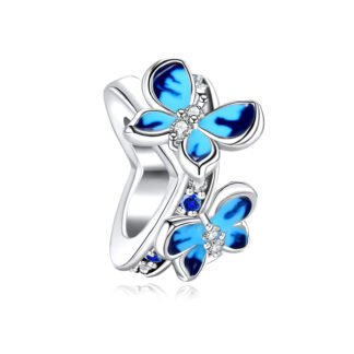 Silver Heart Blue Butterflies Charm
