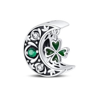 Silver Black Crescent Moon Green Lucky Clover Charm
