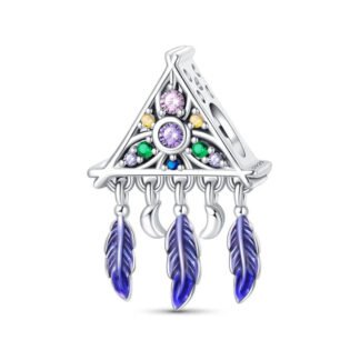 Silver Pyramid Blue Feathers Dreamcatcher Charm