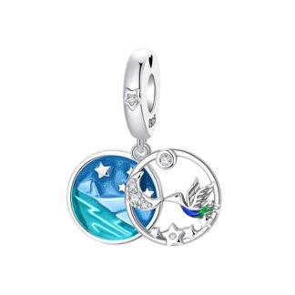Silver Tropical Scenery Bird Crescent Moon Charm
