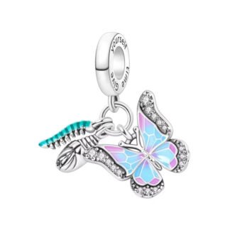 Silver Prismatic Blue Butterfly and Teal Caterpillar Charm