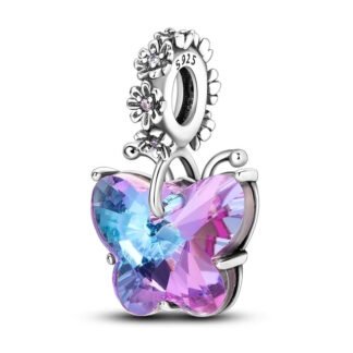 Silver Flowers Blue Pink Prismatic Crystal Butterfly Nature Charm