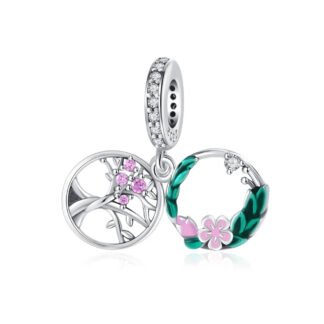 Silver Tropical Branches and Wreath Pink Flowers Charm
