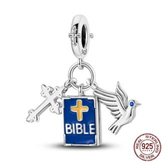 Blue Bible Silver Cross Pigeon Religious Charm