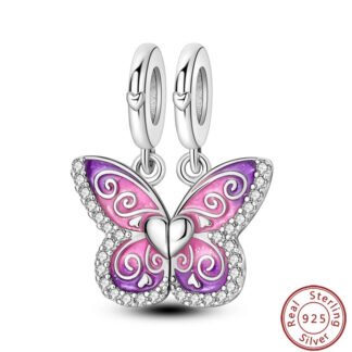 Silver Pretty Pink Purple Butterfly Charm