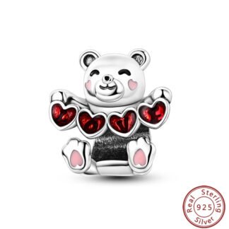 Silver Happy Bear Spread Love Red Hearts Charm