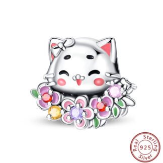 Silver Happy Cute Cat Kitty Lei Flowers Charm
