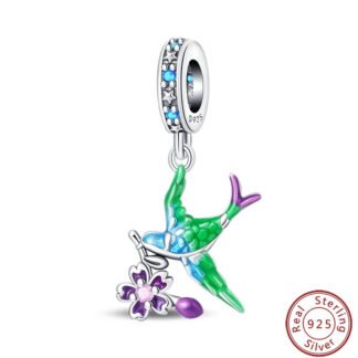 Blue Green Bird Purple Cherry Blossom Branch Charm