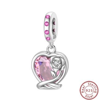 Silver Rose Vine Heart Pink Gem Charm