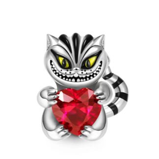 Silver Cheshire Cat Creepy Red Heart Gem Charm