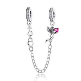 Silver Fairy Tinkerbell Pink Heart Gem Chain Charm