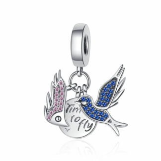 Silver Blue Bird Time to Fly Pink Wing Charm