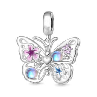Silver Pearly Ornate Butterfly Small Pink Flower Charm