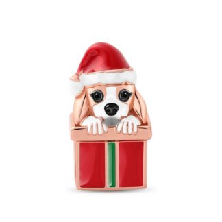 Gold Rose Dog Puppy in Present Gift Box Christmas Charm