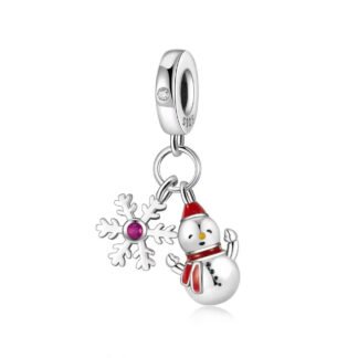 Silver and Red Snowman Magenta Gem Snowflake Christmas Charm