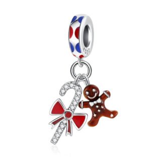Silver Candy Cane Red Ribbon Gingerbread Man Christmas Charm