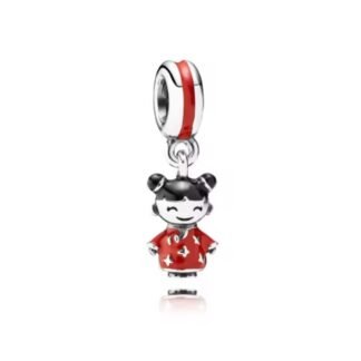 Silver Asian Girl with Buns Red Dress Charm