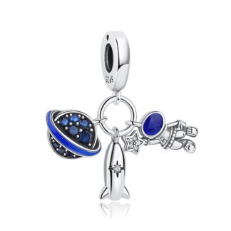 Silver Blue Ringed Planet Rocket Astronaut Space Charm