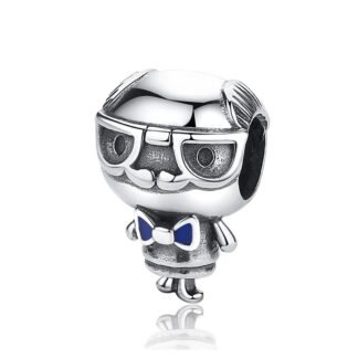 Silver Mustache Glasses Person Blue Bowtie Charm