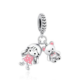 Silver Pink Girl and Teddy Bear Charm