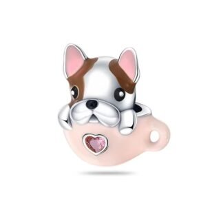 Silver Puppy Pug in Pink Cup Cute Charm