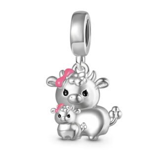 Silver Pink Bows Ox Cow Parent and Child Charm