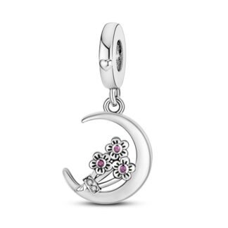Silver Crescent Moon Small Flowers Bouquet Charm