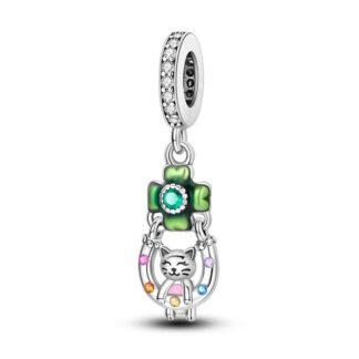 Silver Cat Kitty on Swing Lucky Clover Creative Charm
