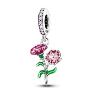 Silver Violet Pink Flowers Green Leaves Charm
