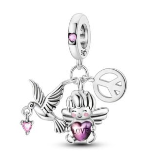 Silver Peach and Love Symbols Pigeon Angel Charm
