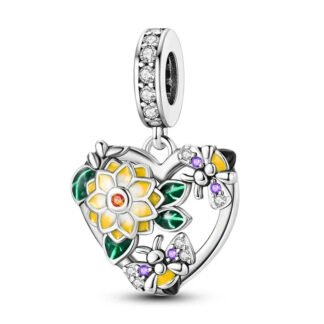 Silver Heart Frame Yellow Bloom Attracting Bees Charm