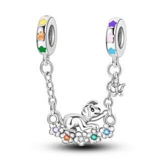 Silver Dog Butterfly on Flower Swing Chain Charm