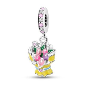 Silver Yellow Bouquet Pink Buds Flower Charm