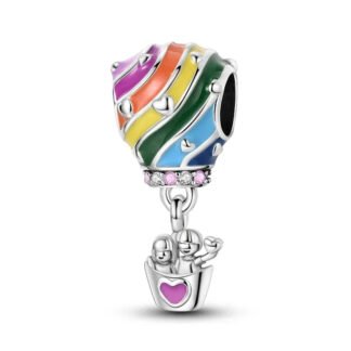 Silver Couple on Rainbow Hot Air Balloon Charm