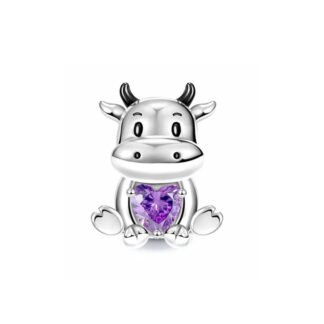 Silver Baby Cow Sitting Purple Heart Gem Charm