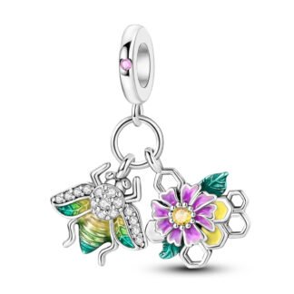 Silver Bee Aster Daisy Pink Honey Hexagons Charm