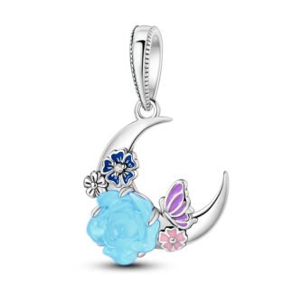 Silver Crescent Moon Flowery Charm