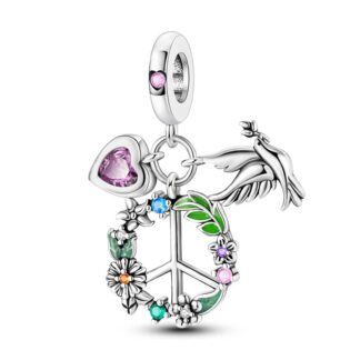 Silver Peace Symbols Lei Dove Pink Heart Gem Charm