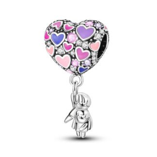 Silver Love Heart Flying Balloon Couple Charm