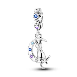 Silver Cat Clinging Crescent Moon Blue Purple Gems Charm