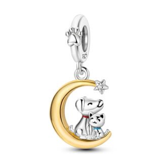 Silver Cat Dog Friendship Golden Crescent Moon Charm