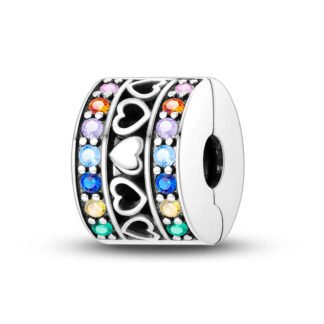Silver Cylinder Heart Rows Colorful Gems Charm